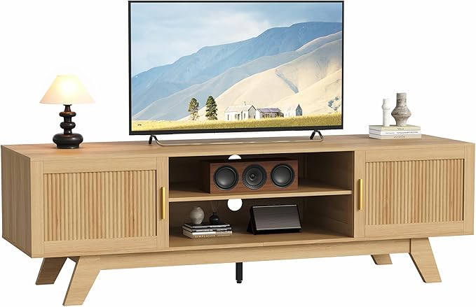 ChooChoo 59.5" Fluted TV Stands for 65 Inch TV, Mid Century Modern Entertainment Center with Storage and Adjustable Shelf, Long TV Console Media Table for Living Room, Bedroom, Natural Oak