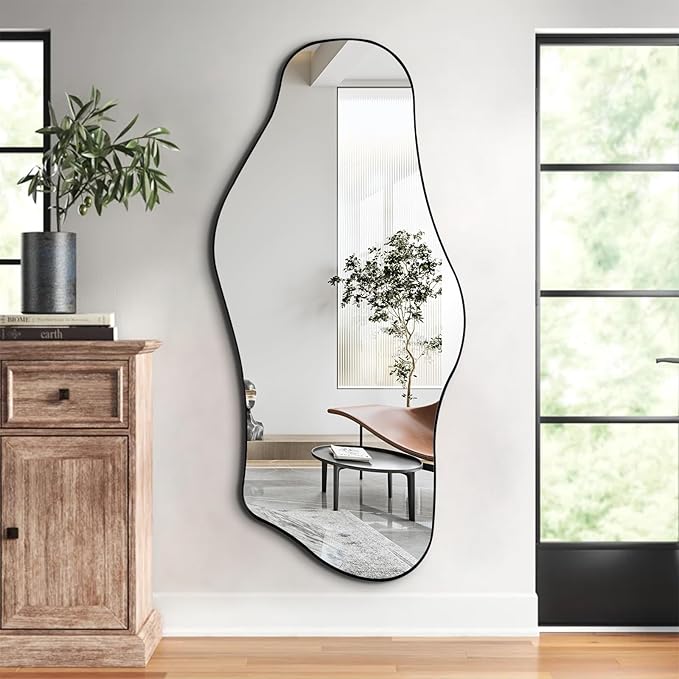 Large Irregular Mirror, 63"x29" Asymmetrical Aesthetic Wall Mirror with Black Metal Frame, Modern Organic Shape Mirror for Living Room Hallway Entryway, Horizontal or Vertical Wall Hanging