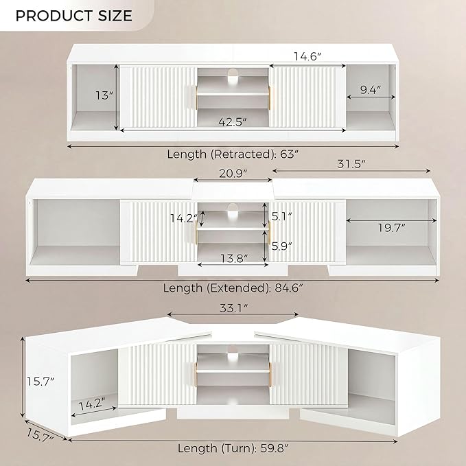 IRONCK TV Stand for 55-80 Inches TVs, 63"-84.6" Adjustable Length, Extendable Corner Entertainment Center with Storage Cabinets, Fluted Doors Modern Media Console, Ideal for Living Room, White