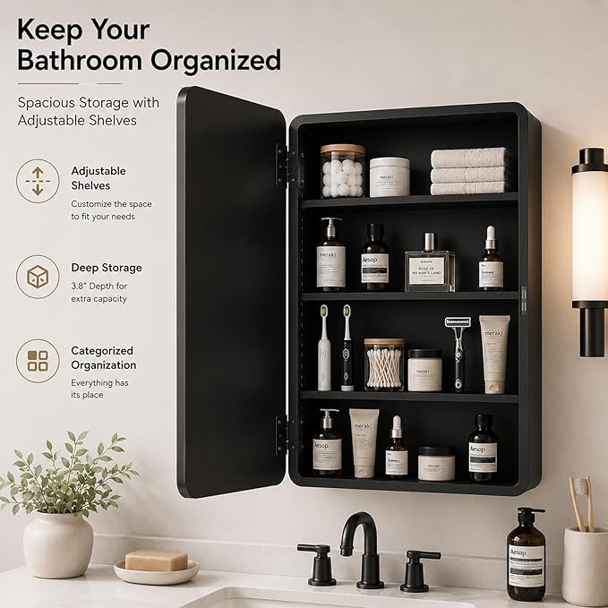 Medicine Cabinet with Mirror, 16x22 inch Black Recessed Medicine Cabinet or Surface Wall Mount Bathroom Cabinets with Adjustable Shelves Metal Framed Mirror, Rounded Rectangle Storage Cabinet