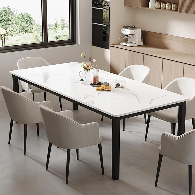 GarveeHome 78.7 in Industrial Dining Table for 6, Wooden Long Dinner Table with Mortise Tenon Design, Kitchen Table with Sturdy Metal Legs, for Dining Room Home Office Living Room, White