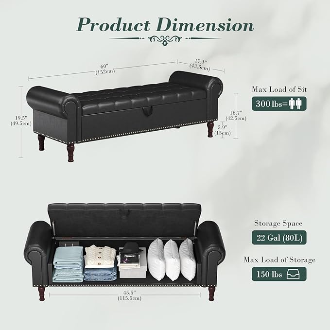 Apicizon 60” Bench with Storage, Queen Size Faux Leather End of Bed Bench with Tufted Button, Ottoman Bench with Rolled Arms & Vintage Rivets for Foot of Bed, Living Room, Entrance, Black