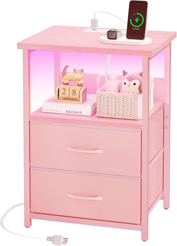 Fixwal Night Stand with Charging Station, LED Nightstand with U-S-B Ports and Outlets, 2 Fabric Storage Drawers with PU Finish, Small Bedside Table, Pink
