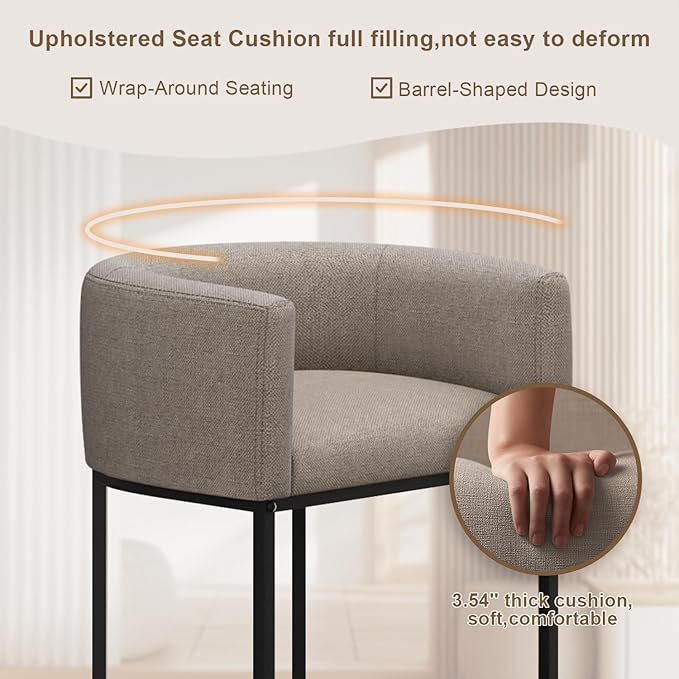 26" H Counter Height Bar Stools Set of 3, Modern Barrel Counter Stools with Backrest and Arms, Linen Fabric Upholstered Accent Barstools for Kitchen Island,Support 450 LBS (Sand)