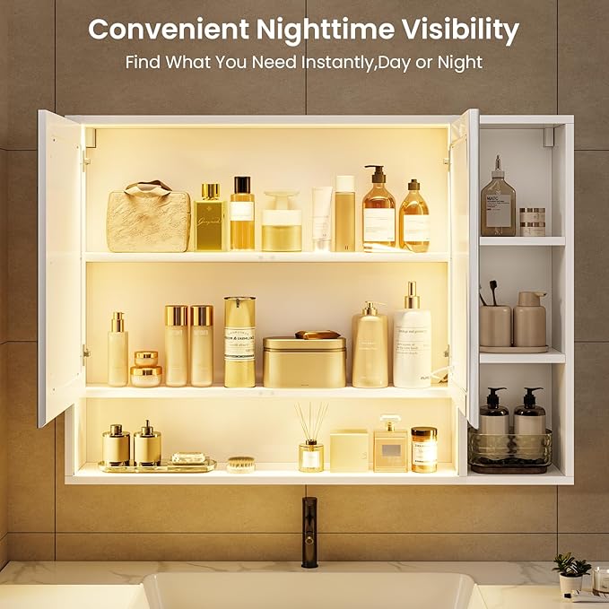 Hasuit Lighted Medicine Cabinet with Mirror and Shelves, Modern Bathroom Medicine Cabinet with Open Storage, Aluminum Channel LED Lights, 39.4'' x 30.7'', White