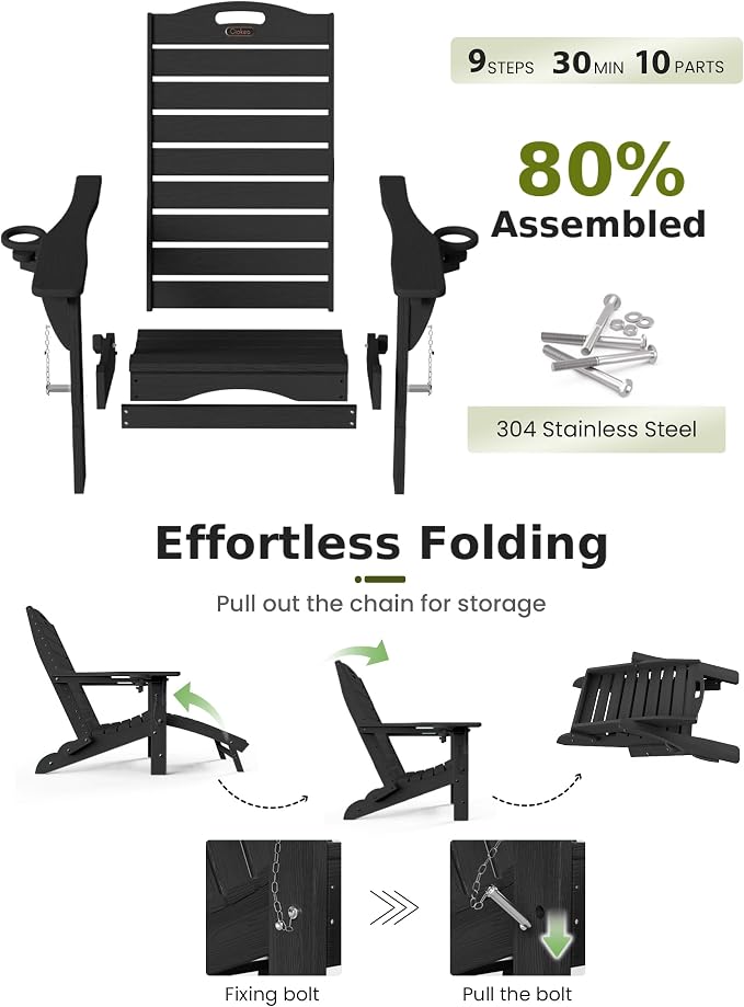Ciokea Folding Adirondack Chair Set of 2 with Retractable Ottoman Fire Pit Patio Chair with Pull Out Foot Rest Weather Resistant Lawn Outdoor Chair with 2 Cup Holder (Black)