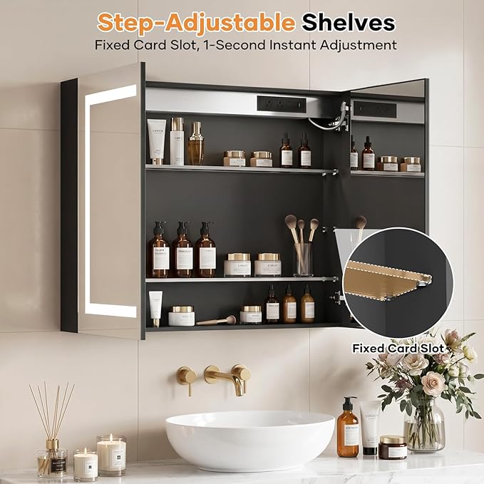 Bathroom Medicine Cabinet with Mirrors and LED Lights, 36x30 inch Bathroom Storage Cabinet, Double Doors Wall-Mounted Medicine Cabinet Organizer with Adjustable Shelves & Outlets (36x30 inch)