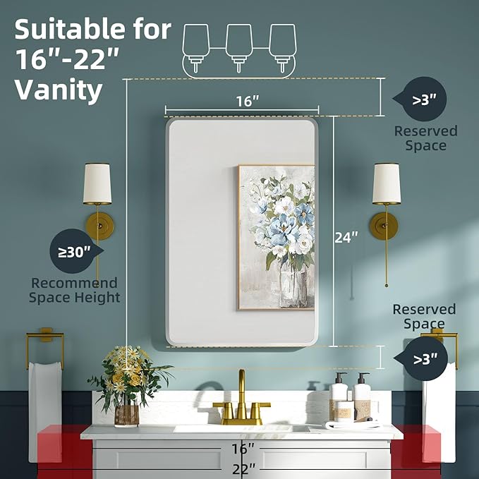 Bathroom Medicine Cabinet with Mirror 16 x 24 Inch, Silver Medicine Cabinet Recessed or Surface Wall-Mounted, Mirrored Cabinets with 2 Adjustable Shelves for Bathroom Vanity