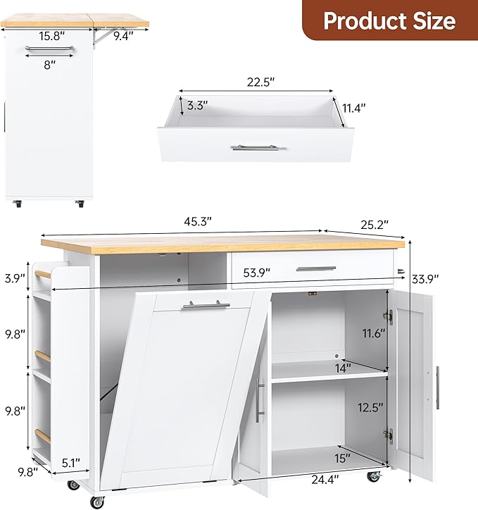 OtterOasis Rolling Kitchen Island with Hidden Trash Can Storage, Kitchen Island on Wheels with Storage, 3-Tier Spice Rack, Towel Rack&Drawer, Mobile Portable Island for Kitchen, White