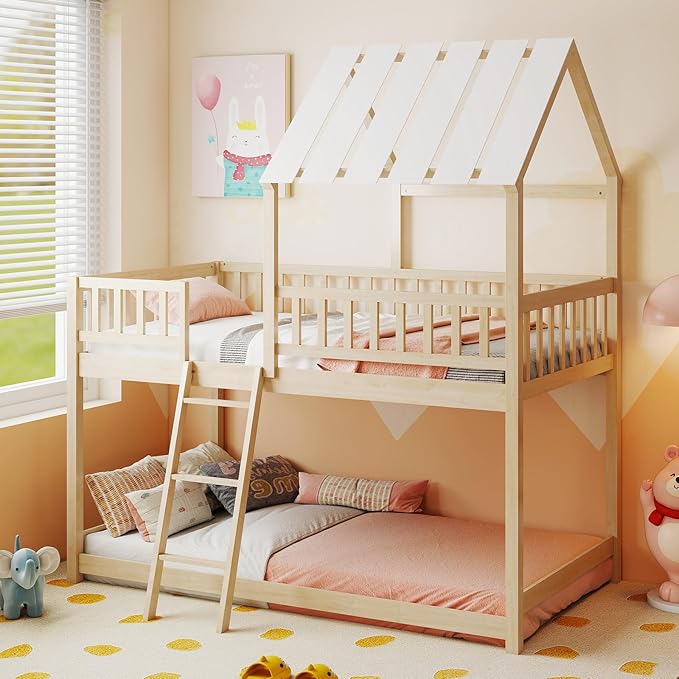 Giantex Twin Over Twin House Bunk Bed, Low Loft Bed Frame with Roof, Wood Bunk Bed with Ladder & Full-Length Guardrails, Twin Floor Bed for Kids Teens Boys Girls, No Box Spring Needed (Natural)