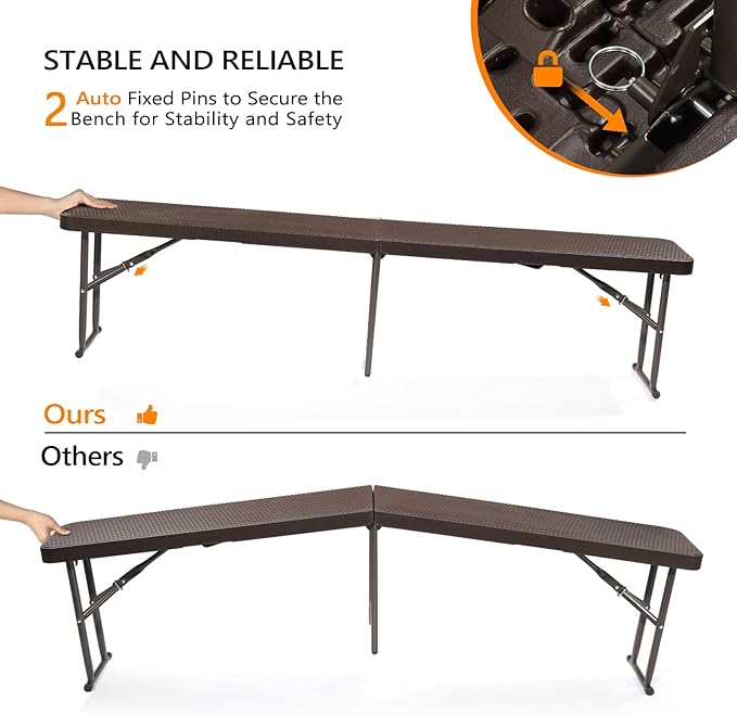 VINGLI 6 feet Plastic Folding Bench,Portable in/Outdoor Picnic Party Camping Dining Seat, Garden Soccer Multipurpose Entertaining Activities, Smooth HDPE Tabletop (1, Brown, 6ft)