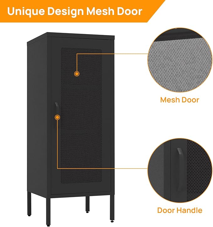 Slim Metal Storage Cabinet with Mesh Doors - 42'' Tall Narrow Organizer Tower, Compact Freestanding Cabinet, Versatile Utility Storage for Home, Office, Kitchen, Living Room, Durable and Modern Design