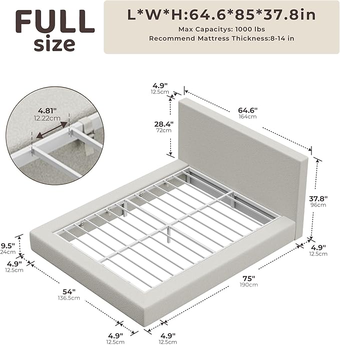 RECCI AirFrame Full Size Bed Frame with Headboard, Cloud Upholstered Platform Bed Frame, 5 Inch Foam Cushioned, No Box Spring, Easy Assembly(Cream Boucle)