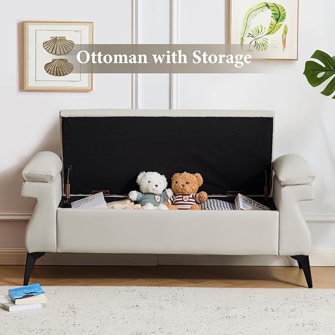 Furniliving 51” Storage Bench, Upholstered End of Bed Bench with Armrest Cushion Large Storage Ottoman/Bedroom Bench/Ottomans, Window Bench with Metal Legs, for Living Room, Entryway, Grey