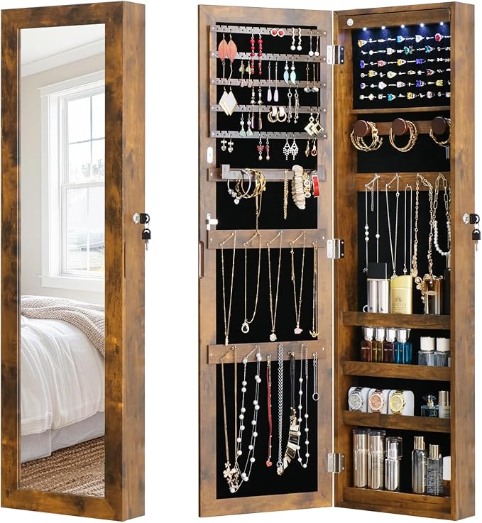 Full Length Mirror Jewelry Cabinet Organizer Lockable Door Wall-Mounted Jewelry Armoire with Shelves and Behind the Door Storage Rustic Brown