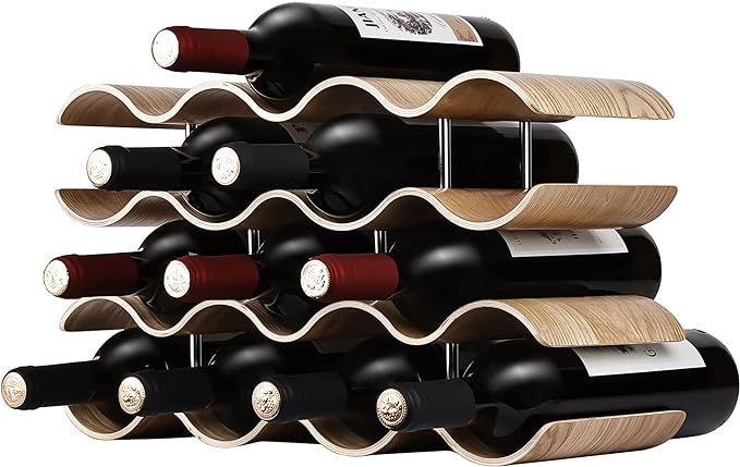 Countertop Wine Rack - 14 Bottle Freestanding Wine Bottle Holder Stand - 4 Tier Wooden Wine Storage Rack - Wavy Wine Organizer for Cabinet Pantry Home Kitchen Bar
