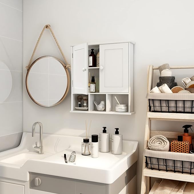 TaoHFE White Bathroom Wall Cabinet with 2 Door Adjustable Shelves,Over The Toilet Storage White Wall Mounted Medicine Cabinets for Bathroom Laundry Room Kitchen