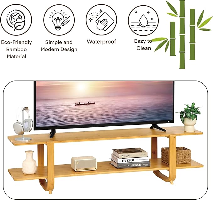 Bamboo TV Stand for TVs up to 65", Accent Entertainment Center with Storage, Media Console Table with Shelf, Modern TV Stand for Living Room, Bedroom, 55"(L), Burlywood