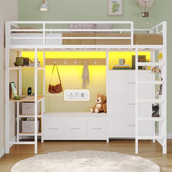DICTAC Twin Loft Bed with 6 Storage Drawers,Coat Rack and Open Shelves Metal Twin Size Loft Bed with Desk,Charging Station and LED Light,loft beds with Large Pegboard,Stairs and Safety Guardrail,White