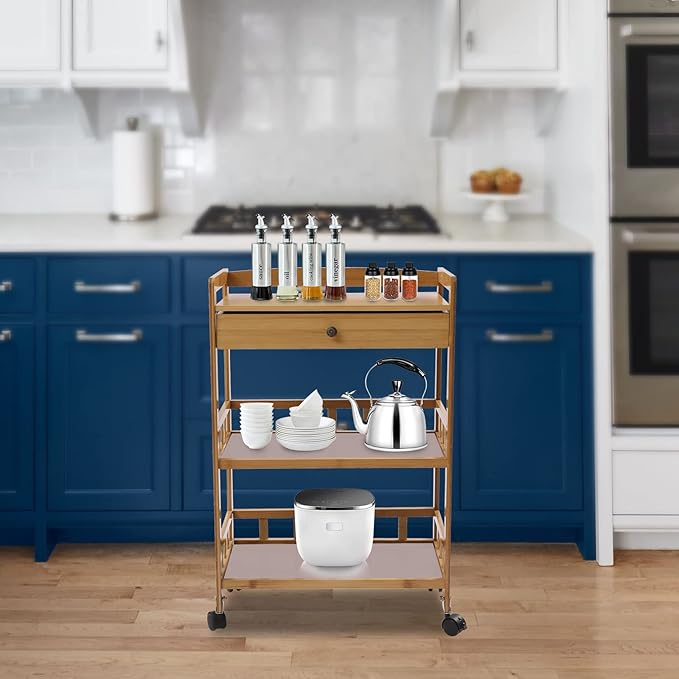Bamboo Home Kitchen Island Trolley with Storage Drawer Stand 3 Tiers Shelves Cart Mobile Kitchen Utility Cart Storage Shelf Rack for Dining Room