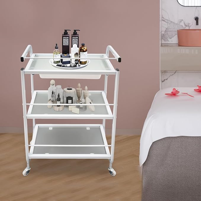 3 Tier Beauty Salon Trolley Cart Mobile Rolling Cart Spa Utility Roller Trolley with Wheel Beauty Instrument Tray Rolling Cart Nail Salon Hairdresser Tattoo
