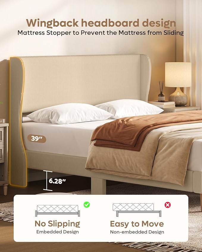 Bestier Platform Queen Size Bed Frame with Wingback Headboard,Upholstered Queen Bed with Strong Wooden Slats,No Box Spring Needed,Never Squeaks,Easy Assembly,Taque