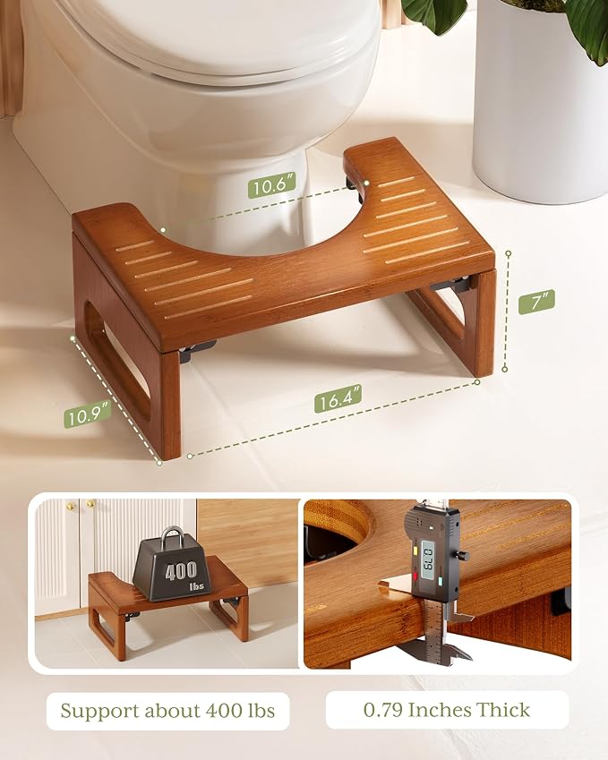 AmazerBath 7 Inches Bamboo Toilet Stool Squat for Adults, Foldable Squatting Potty Stool for Bathroom, Toilet Foot Pooping Steps Stools with Non-Slip Strip, Improve Bathroom Posture and Comfort, Brown