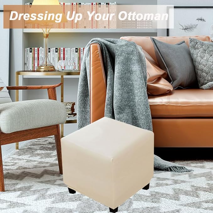 Waterproof Ottoman Cover Square Stretch PU Soft Folding Storage Ottoman Cover with Elastic Bottom Cube Footrest Foot Stool Slipcovers Machine Washable(Large/Ivory)