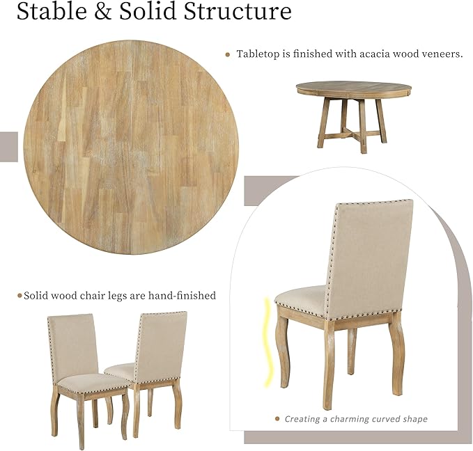Harper & Bright Designs 5-Piece Farmhouse Dining Table Set Wood Round Extendable Dining Table and 4 Upholstered Dining Chairs (Natural Wood Wash)