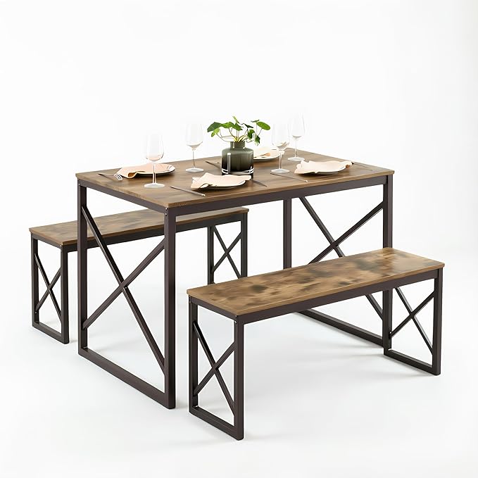 VECELO 43.3" Kitchen Dining Table Set for 4, Heavy-Duty Steel Frame & Wood-Grain Tabletop, Space-Saving Dinette Sets with 2 Benches for Breakfast Nook and Small Space, Brown