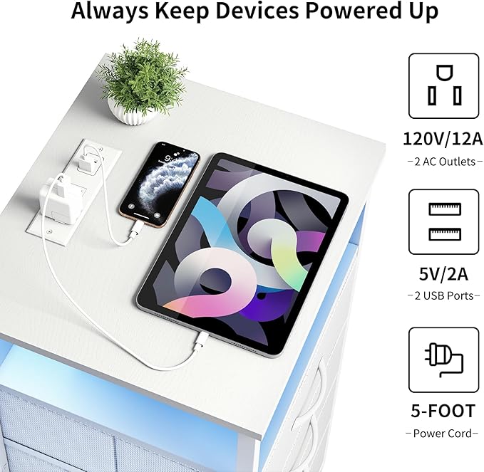 Fixwal Tall Nightstand with Charging Station, Night Stand with U-S-B Ports and Outlets, 4 Fabric Storage Drawers with PU Finish, Small Dresser Bed Side Table, White