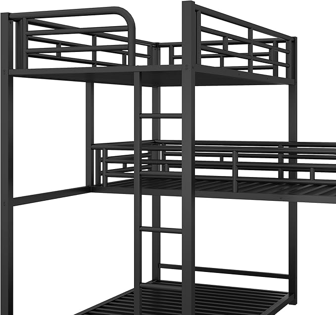 MERITLINE Metal Triple Bunk Bed for Kids, L-Shaped Twin Over Twin & Twin Bunk Bed Frame, 3 in 1 Bed Bunk Beds with Guardrails and Ladders for Teens Adults, Black