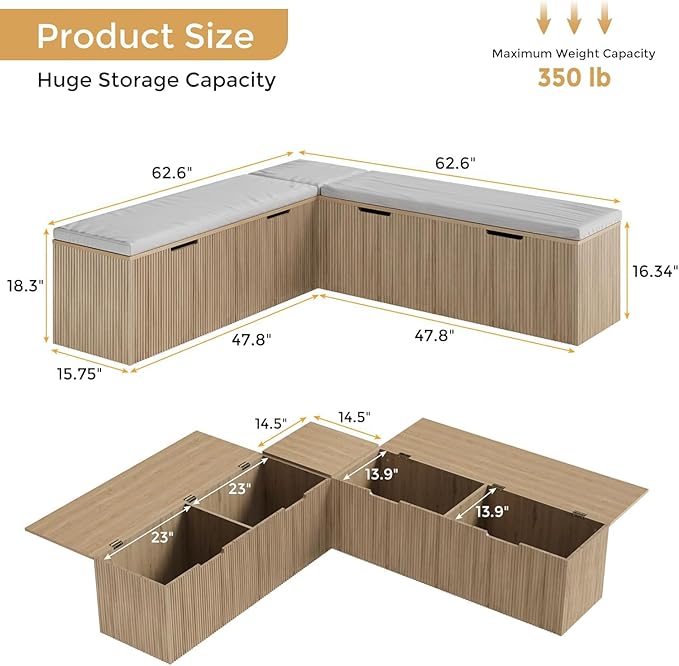 Bobve L-Shape Storage Bench with Cushion, Backless Corner Dining Bench, Kitchen Dining Nook Bench with Hidden Storage for Dining Room, Kitchen, Entryway (Natural Wood)