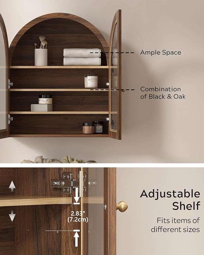 EYYTHUNG Fluted Arched Wall Cabinet, Large Wood Bathroom Medicine Cabinet Wall Mounted Cupboard, Modern Floating Storage Cabinet with Acrylic Door Adjustable Shelf, Organizer, Brown-Oak