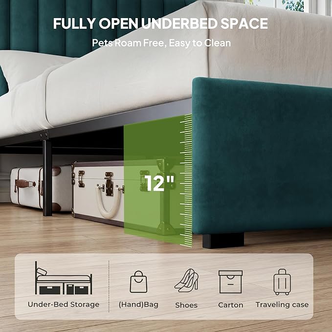 Welzona Full Size Velvet Bed Frame with Headboard, Fully Upholstered Metal Platform Bed with Vertical Channel Tufted Headboard, 3-Level Height, Metal Slat Support, Noise-Free Easy Assembly, Green