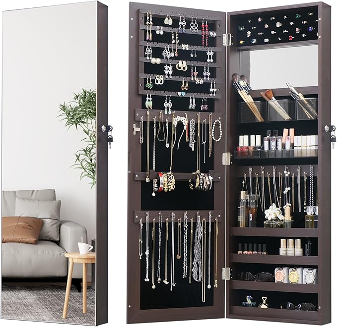 Full Length Mirror Jewelry Cabinet Organizer for Makeup and Jewelry, Lockable Door Wall-Mounted Jewelry Armoire with Shelves and Behind-the-Door Storage Rustic Brown