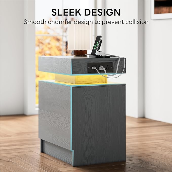 LIKIMIO Night Stand with Charging Station, Modern Grey Nightstand with LED Light and Drawers, Bedside Tables/End Table for Bedroom