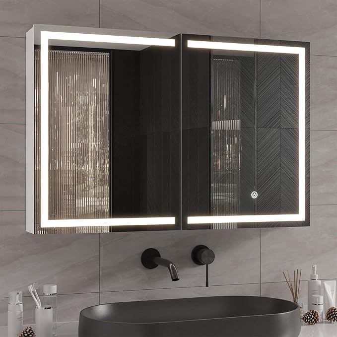 DICTAC Medicine Cabinet with Mirror and LED Light, Wall Mounted Bathroom Mirror with Storage, 3 Doors Bathroom Wall Cabinet, Memory Dimmable 3 Color Temp, Adjustable Shelves, 35.4''x23.6''