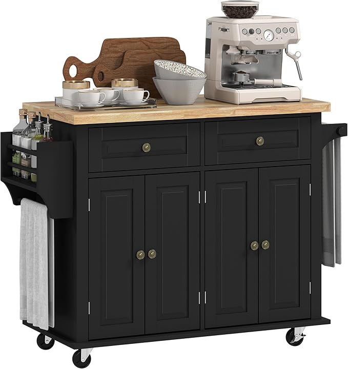 HOMCOM Kitchen Island Cart with Solid Wood Top, 44" Mobile Kitchen Island Table on Wheels with Storage Cabinets, 2 Drawers, Adjustable Shelves, Spice Rack & Towel Bar for Dining Room, Black