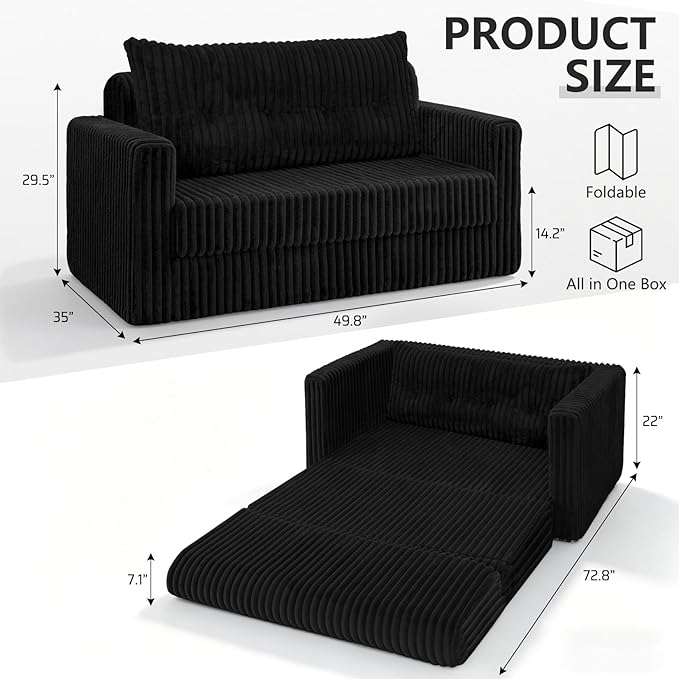 HABUTWAY 49.8" Loveseat Boneless Couch, 4-in-1 Convertible Sofa Bed, Plush Fur Folding Futon Sofa Bed Couches with a Pillow for Living Room, High-Density Foam Support, No Assembly Required, Black