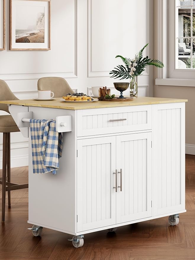 OtterOasis Kitchen Island with Storage, 43.3" Rolling Kitchen Island Cart on Wheels with Wide Drop Leaf Rubberwood Top, Large Mobile Island Table with Trash Can Storage and Towel Bar, White