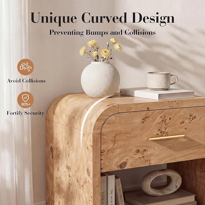 Night Stand Set of 2 [Unique Curved Profile] [FSC-Certified Wooden Board] 1-Drawer and 1 Storage Shelf Nightstand 24" H Metal Handle Modern Bedside Table Side Table End Table