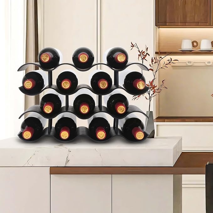 Countertop Wine Rack - 14 Bottle Freestanding Wine Bottle Holder Stand - 4 Tier Wooden Wine Storage Rack - Black Wavy Wine Organizer for Cabinet Pantry Home Kitchen Bar