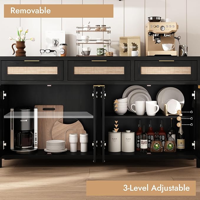 HOKYHOKY Rattan Sideboard Buffet Cabinet, Boho Storage Cabinet with Adjustable Shelves, Farmhouse Credenza Coffee Bar Cabinets with 4 Doors & 3 Drawers for Living Room, Hallway & Kitchen