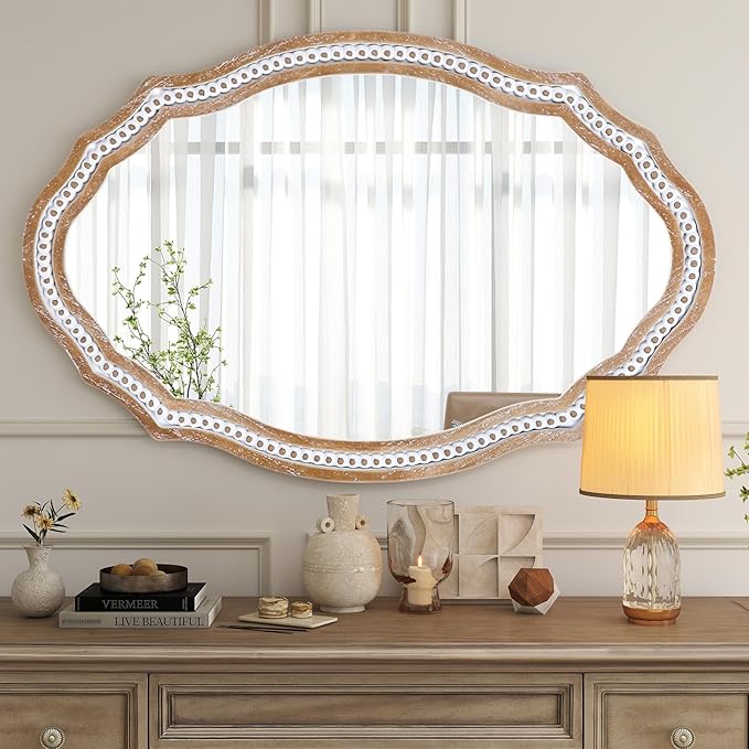 24x35 Inch Decorative Wooden Oval Wall Mirror, Rustic Farmhouse Bathroom Mirror Over Sink, Accent for Entryway, Living Room, Bedroom, Vertical or Horizontal Hanging