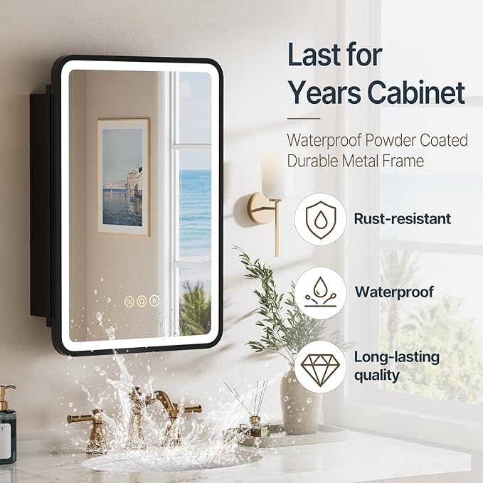 16x24 Inch Medicine Cabinet with Mirror, Recessed or Surface Mount Bathroom Medicine Cabinet with LED Lights, Anti-Fog, Memory Function, Adjustable Shelf, Dimmable Light, ETL Listed, Black,Left Hinge