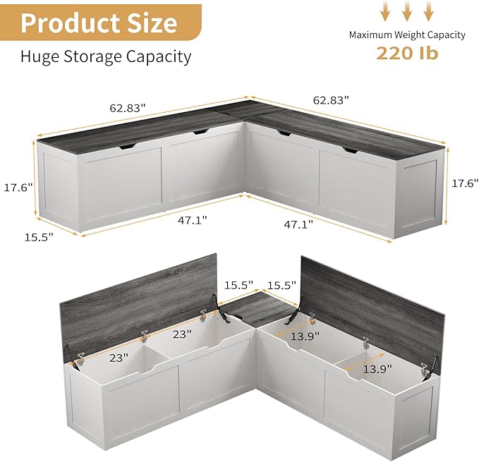 L Shape Kitchen Breakfast Nook Bench, Kitchen Corner Nook Bench Seating with Hidden Storage, Corner Dining Bench for Entryway. (Gray + White)