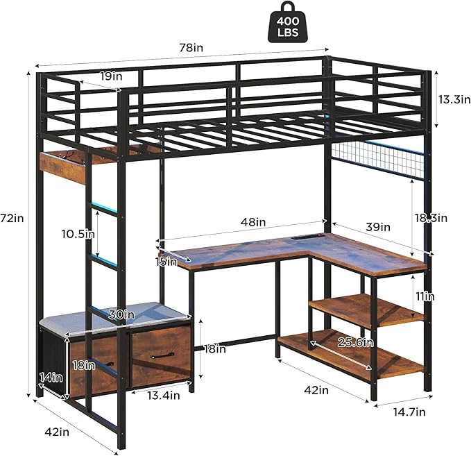 Vabches Twin Size Loft Bed with L-Shaped Desk, LED Lights, Charging Station, Loft Bed Frame with with Storage Drawers,Coat Rack, Safety Guardrail & Ladder, Rustic Brown