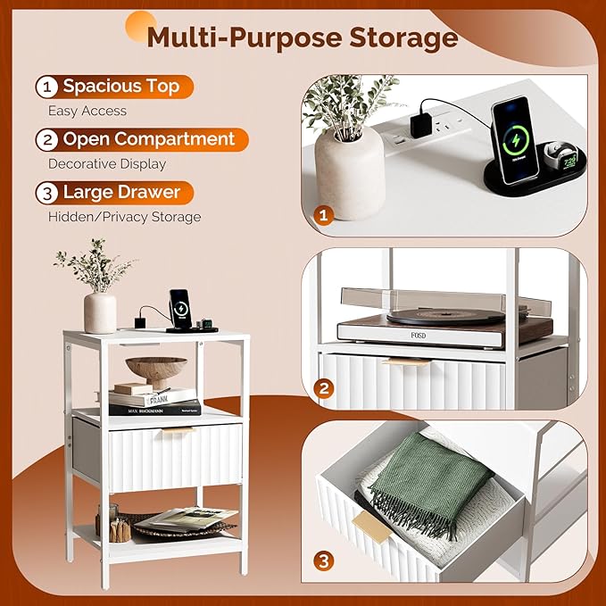VINGLI Nightstands Set of 2 with Fabric Drawer, White Nightstands with Charging Station, Fluted Night Stand/Bedside Table, Small Night Stand for Bedroom, Bed Side Table with Charging Station, 2 pcs