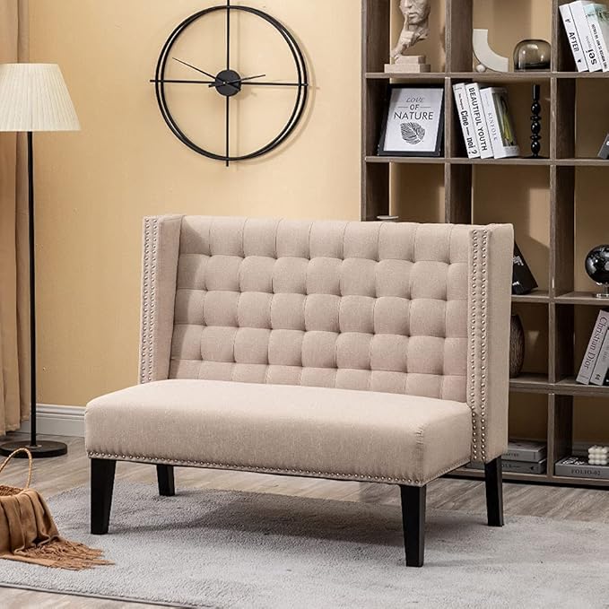 Andeworld Modern Loveseat Settee Bench Sofa Upholstered Banquette Couch for Dining Living Room Hallway or Entryway Seating Funiture with Wooden Legs,Putty